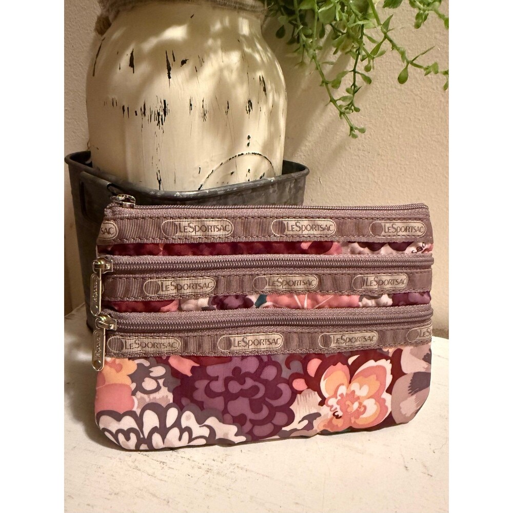 LeSportSac 3 zipper Pouch/cosmetic/bag/wallet/ pink&brown Flowers pattern 7"x5"